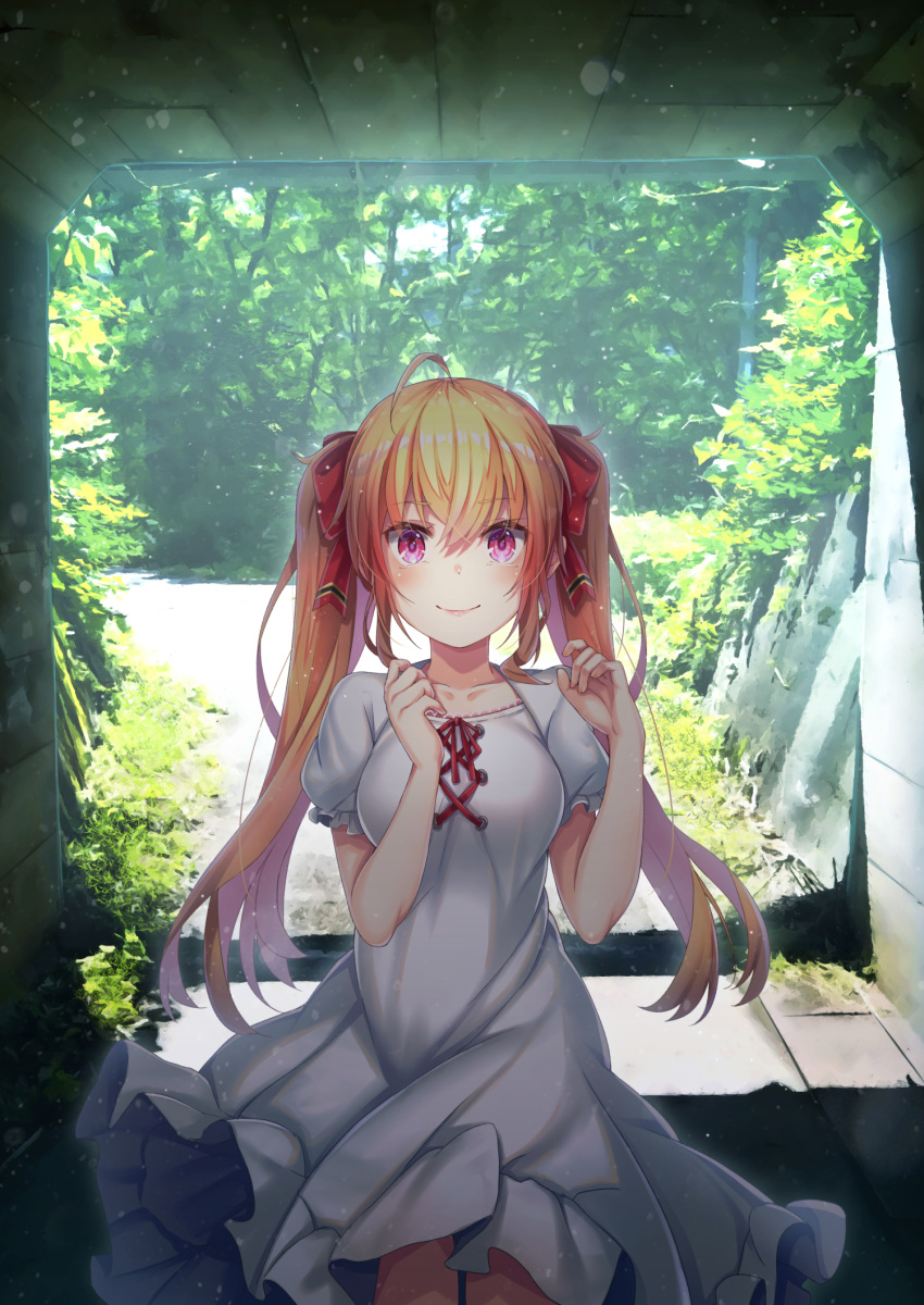 1girl ahoge bangs blonde_hair bow breasts closed_mouth collarbone commentary_request cyanomirahi day dress eyebrows_visible_through_hair fingernails forest hair_between_eyes hair_bow hands_up highres long_hair looking_at_viewer medium_breasts nature nijisanji outdoors puffy_short_sleeves puffy_sleeves purple_eyes red_bow red_ribbon ribbon short_sleeves smile solo takamiya_rion twintails very_long_hair virtual_youtuber white_dress