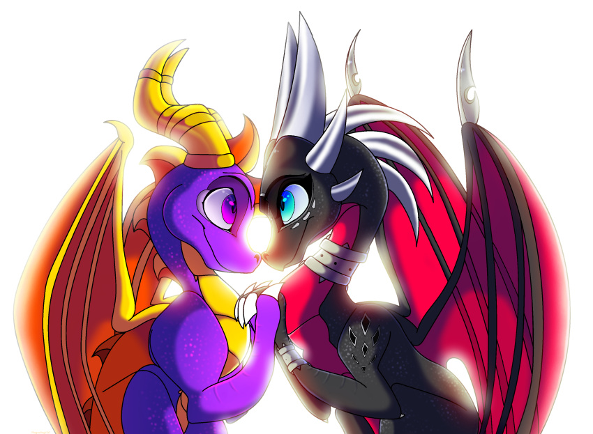 2019 blue_eyes claws cynder digital_media_(artwork) dragon duo feral hi_res horn membrane_(anatomy) membranous_wings plaguedogs123 purple_eyes scales scalie simple_background spines spyro spyro_the_dragon video_games western_dragon white_background wings