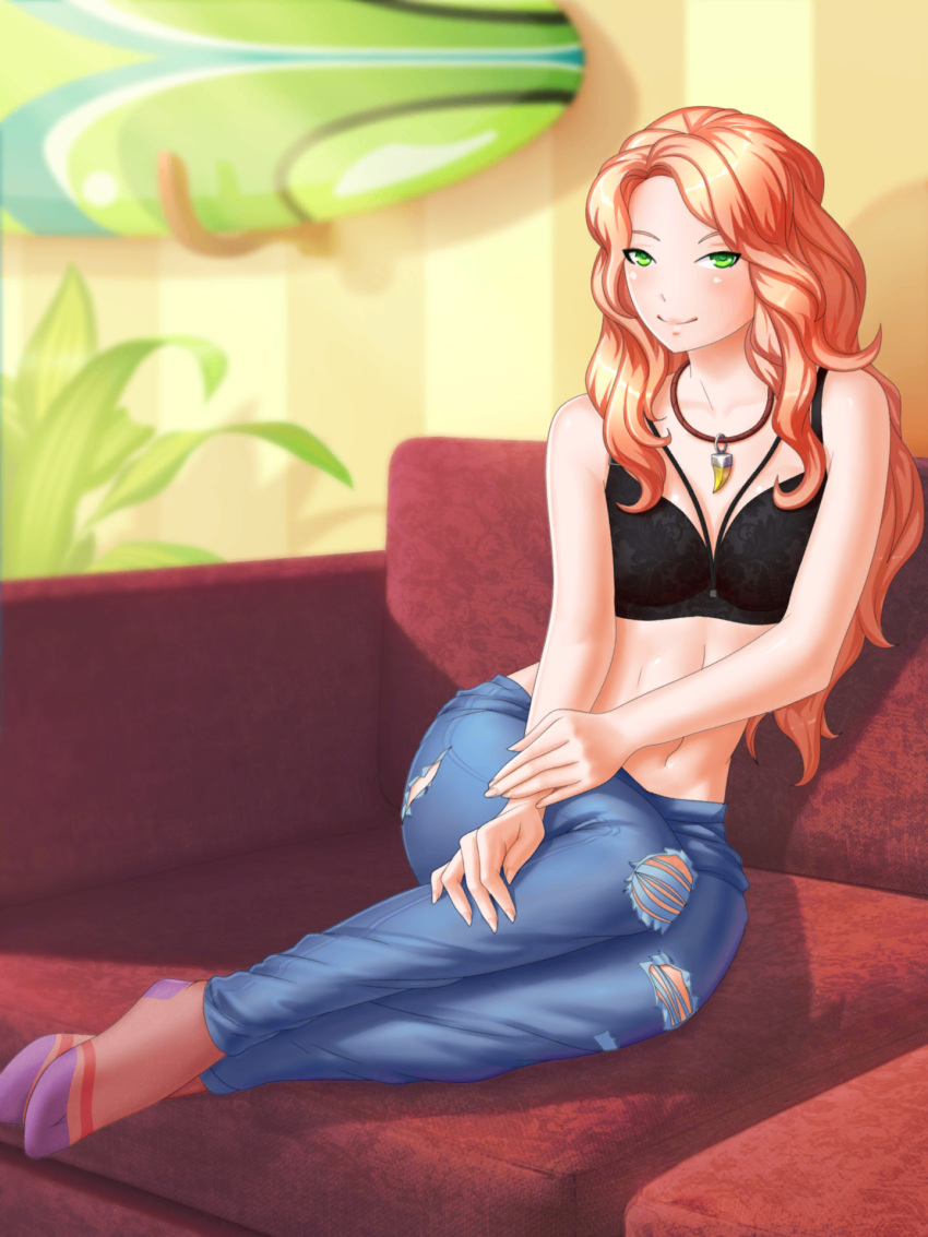 1girl abs artist_request bare_shoulders belly black_bra blonde_hair blue_pants bra breasts cleavage closed_mouth collarbone couch date_crush_stories denim fang fang_necklace game_cg green_eyes highres holes indoors jeans jewelry kayla_(date_crush_stories) leaf long_hair looking_at_viewer midriff navel necklace no_shoes pants plant sitting sleeveless smile socks solo stomach surfboard underwear wall