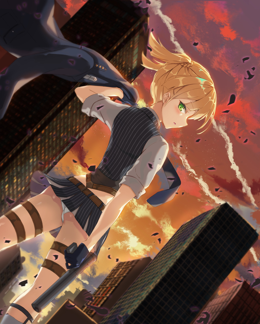 1girl ass bangs belt black_gloves blonde_hair blue_coat blush braid cityscape cloud coat coat_removed corset dutch_angle eyebrows_visible_through_hair floating_hair from_behind girls_frontline gloves green_eyes grey_legwear grey_shirt gun heartsix highres holding holding_coat holding_gun holding_weapon holster looking_at_viewer looking_back miniskirt necktie open_mouth orange_sky outdoors panties shirt short_hair skirt sky sleeve_cuffs socks solo striped_vest sunset thigh_holster thighs twintails underwear weapon welrod_mk2_(girls_frontline) white_panties wind