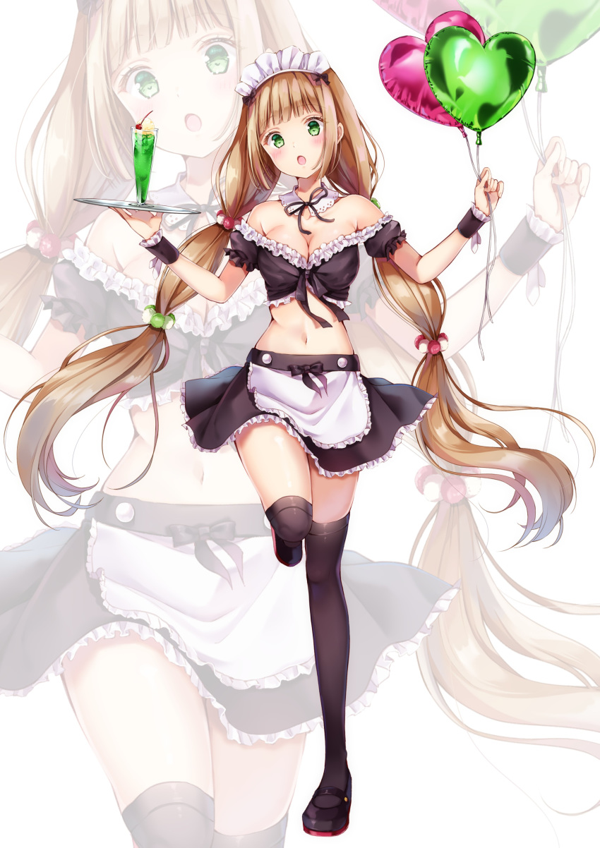 1girl :o absurdres apron bare_shoulders black_footwear black_legwear black_shirt black_skirt breasts brown_hair cherry cleavage commentary_request crop_top cup detached_sleeves drink drinking_glass food fruit green_eyes hair_ornament heart_balloon highres holding holding_tray large_breasts leg_up long_hair looking_at_viewer low_twintails maid maid_apron maid_headdress mary_janes midriff miniskirt navel off-shoulder_shirt off_shoulder open_mouth original shirt shoes short_sleeves sidelocks skirt solo thighhighs tray twintails very_long_hair waist_apron wrist_cuffs yoshida_iyo zettai_ryouiki zoom_layer