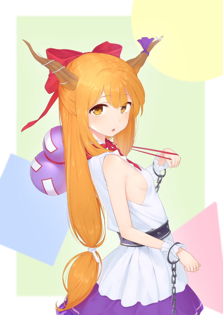 1girl :o abstract_background absurdres arched_back arm_up bangs bare_arms breasts carrying chain circle commentary_request cowboy_shot cuffs eyebrows_visible_through_hair fang from_side gourd hair_ribbon head_tilt highres horn_ribbon horns ibuki_suika kanpa_(campagne_9) long_hair looking_at_viewer low-tied_long_hair multicolored multicolored_background neck_ribbon orange_eyes orange_hair purple_skirt red_neckwear red_ribbon ribbon shackles shirt shoulder_carry sideboob skirt sleeveless sleeveless_shirt small_breasts solo square standing touhou triangle upper_teeth very_long_hair white_shirt wrist_cuffs