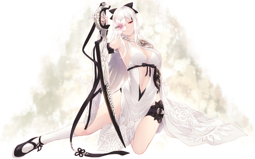 1girl bangs bare_shoulders black_bow black_footwear bow breasts cait cleavage drag-on_dragoon drag-on_dragoon_3 dress flower flower_eyepatch full_body gloves hair_bow hair_ornament hair_over_one_eye highres holding holding_sword holding_weapon kneehighs long_hair looking_at_viewer medium_breasts navel parted_lips pelvic_curtain red_eyes shoes sidelocks solo sword thigh_strap thighs weapon white_hair white_legwear zero_(drag-on_dragoon)