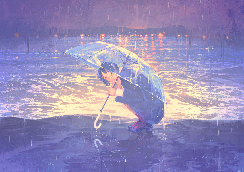 1girl black_footwear black_hair blue_skirt day gemi highres holding holding_umbrella long_hair looking_at_viewer original outdoors parasol rain red_legwear reflection school_uniform short_hair skirt socks solo squatting transparent transparent_umbrella umbrella