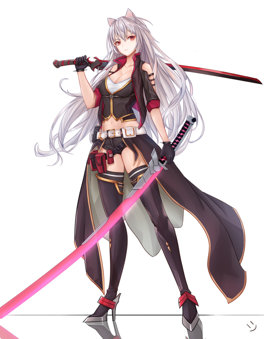 1girl absurdres animal_ears belt black_footwear black_gloves black_jacket black_legwear black_shorts boots breasts cat_ears cleavage collarbone commentary_request dual_wielding full_body gloves grey_hair highres holding holding_katana holding_sword holding_weapon holding_word jacket katana large_breasts long_hair long_sword looking_at_viewer midriff navel original red_eyes short_shorts shorts simple_background smile_(dcvu7884) solo standing sword thigh_boots thighhighs weapon white_background white_blet