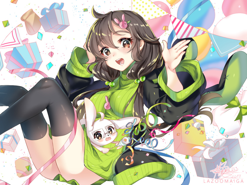 1girl ahoge animal ass balloon black_hair black_legwear blue_ribbon blush bow box breasts brown_eyes bunny bunny_hair_ornament check_copyright eyebrows_visible_through_hair gift gift_box green_bow green_sweater hair_ornament large_breasts lazoomaiga long_hair looking_at_viewer open_mouth original pink_ribbon ribbon solo striped striped_sweater sweater thighhighs wide_sleeves