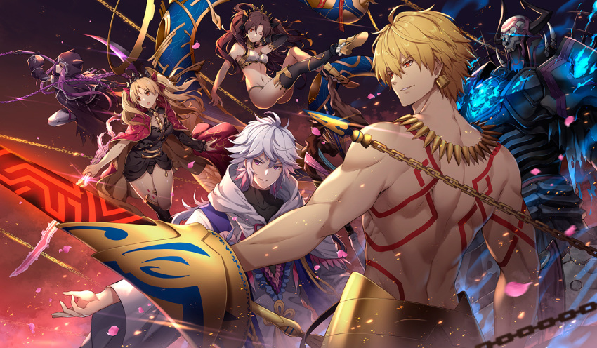 3boys 3girls ahoge anklet armlet armor asymmetrical_legwear asymmetrical_sleeves aura bangs bare_shoulders between_breasts black_cape black_cloak black_hair black_legwear blonde_hair body_markings bow bracelet braid breasts bridal_gauntlets buckle cape chain cloak collar crown detached_collar diadem dress ea_(fate/stay_night) earrings elbow_gloves enkidu_(weapon) ereshkigal_(fate/grand_order) eyebrows_visible_through_hair fate/grand_order fate_(series) fire floating floating_hair fur-trimmed_cape fur_trim gilgamesh glint gloves glowing glowing_eyes hair_between_eyes hair_ribbon heavenly_boat_maanna holding holding_chain holding_scythe holding_spear holding_weapon hood hoop_earrings horns infinity ishtar_(fate/grand_order) jewelry king_hassan_(fate/grand_order) kiyo_(chaoschyan) long_hair long_sleeves medium_breasts medusa_(lancer)_(fate) merlin_(fate) meslamtaea_(weapon) multicolored multicolored_cape multicolored_clothes multiple_boys multiple_girls navel neck_ring necklace open_mouth parted_bangs parted_lips pelvic_curtain polearm purple_eyes purple_hair red_cape red_eyes red_ribbon ribbon rider robe scythe short_hair single_elbow_glove single_sleeve single_thighhigh skull skull_mask smile spear spikes spine staff thighhighs tiara two_side_up very_long_hair weapon white_hair white_legwear wind yellow_cape