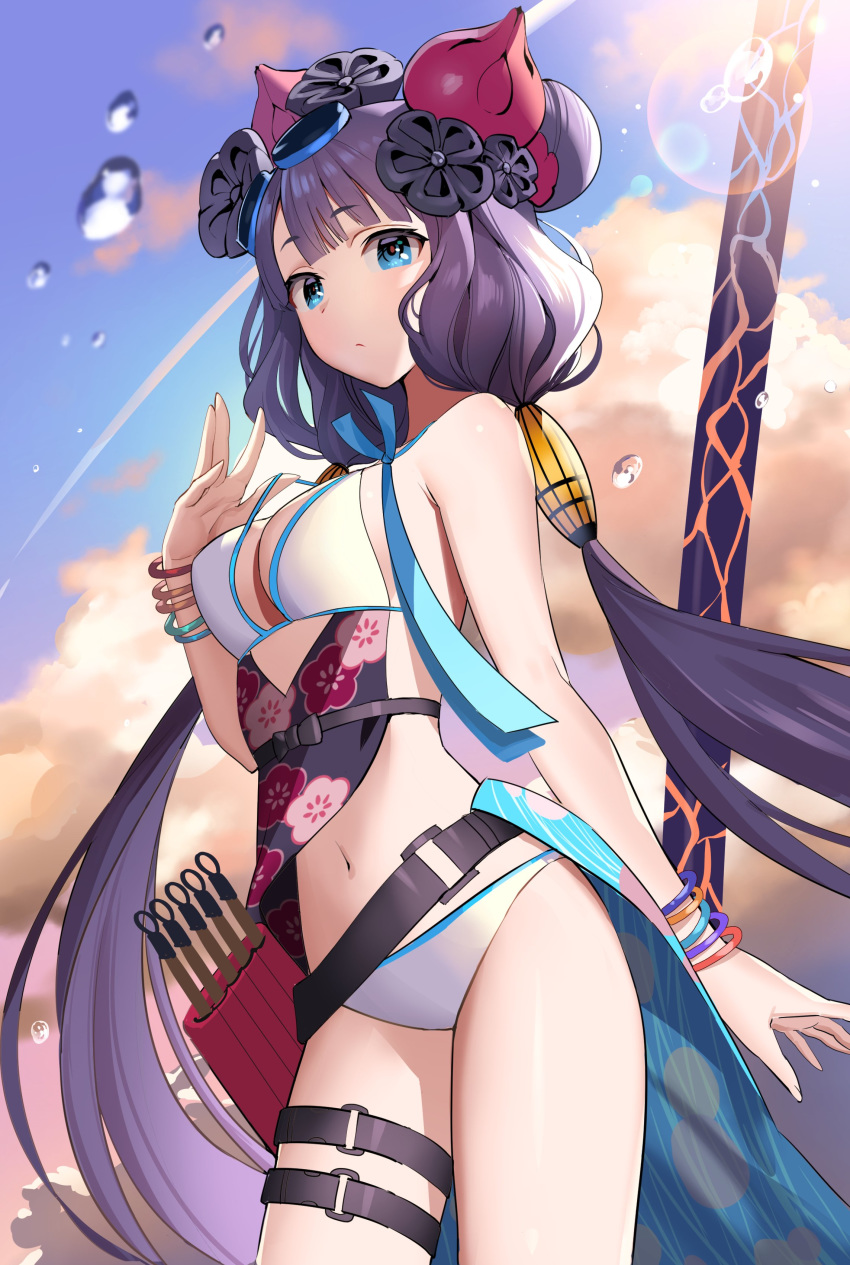 1girl absurdres bangle bare_shoulders belt bikini blue_eyes blue_sky bracelet breasts cleavage closed_mouth cloud commentary_request cowboy_shot day fate/grand_order fate_(series) floral_print goggles goggles_on_head hair_bun hair_ornament hand_up highres jewelry katsushika_hokusai_(fate/grand_order) katsushika_hokusai_(swimsuit_saber)_(fate) long_hair looking_at_viewer low_twintails medium_breasts navel outdoors purple_hair sky solo standing strap_pull sunlight swimsuit teffish thigh_strap thighs twintails very_long_hair water_drop white_bikini