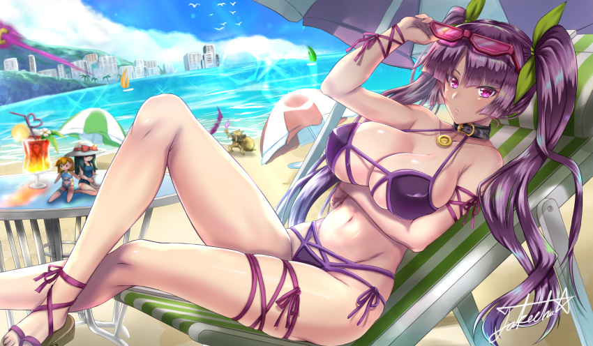1girl alakazam alternate_hairstyle bangs beach bikini bird blunt_bangs blush boat breast_hold breasts building character_doll choker cleavage cloud cocktail eyewear_on_head gym_leader hat highres large_breasts looking_at_viewer lying natsume_(pokemon) ocean pokemon pokemon_(anime) pokemon_(classic_anime) pokemon_(game) pokemon_rgby purple_bikini purple_eyes purple_hair revision side-tie_bikini signature sky sparkle summer sunglasses swimsuit takecha twintails watercraft