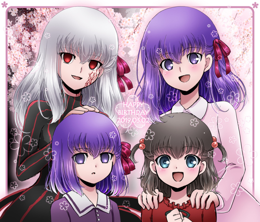 4girls black_hair blue_eyes child cokata corruption dark_persona dark_sakura empty_eyes fate/stay_night fate/zero fate_(series) hair_bobbles hair_ornament hair_ribbon heaven's_feel long_hair looking_at_viewer matou_sakura multiple_girls multiple_persona open_mouth purple_eyes purple_hair ribbon short_hair smile toosaka_sakura turtleneck twintails white_hair younger