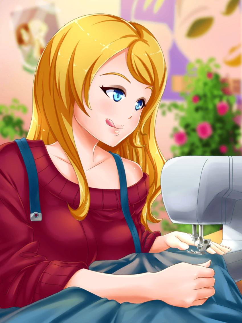 1girl :q artist_request blonde_hair blue_eyes cloth collarbone date_crush_stories day flower game_cg highres holding indoors leaf long_hair long_sleeves needle off_shoulder plant poster poster_(object) potted_plant red_sweater rose_(date_crush_stories) ruler sewing sewing_machine sewing_needle sitting smile solo sweater table tongue tongue_out wall