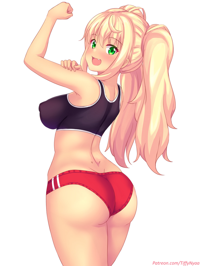 1girl arm_up ass bangs black_sports_bra blonde_hair blush bras_d'honneur breasts buruma commentary covered_nipples danberu_nan_kiro_moteru? english_commentary eyebrows_visible_through_hair fang fast-runner-2024 green_eyes highres impossible_clothes large_breasts long_hair looking_at_viewer looking_back open_mouth patreon_username sakura_hibiki_(danberu_nan_kiro_moteru?) simple_background solo sports_bra standing twintails watermark web_address white_background