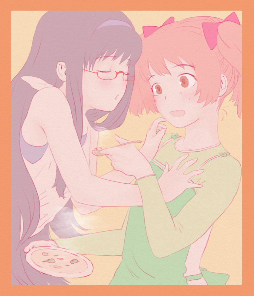 2girls akemi_homura apron bangs bare_arms bare_shoulders black_hair blush border bow closed_eyes commentary_request couple dish embarrassed eyebrows_visible_through_hair food glasses green_apron hair_bow hairband hand_on_another's_chest highres holding holding_food holding_spoon kaname_madoka long_hair long_sleeves mahou_shoujo_madoka_magica multiple_girls open_mouth orange_border pink_hair purple_hairband red-framed_eyewear rider-man semi-rimless_eyewear short_hair sidelocks spoon steam stew twintails under-rim_eyewear yellow_background yuri