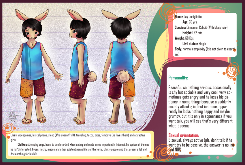 2014 ambiguous_gender anthro biped black_eyes black_hair brown_fur clothing digitigrade footwear fur hair ilagomorph james_flynn lagomorph leporid long_ears mammal model_sheet pichigani rabbit sandals shirt short_pants short_tail solo standing tank_top topwear