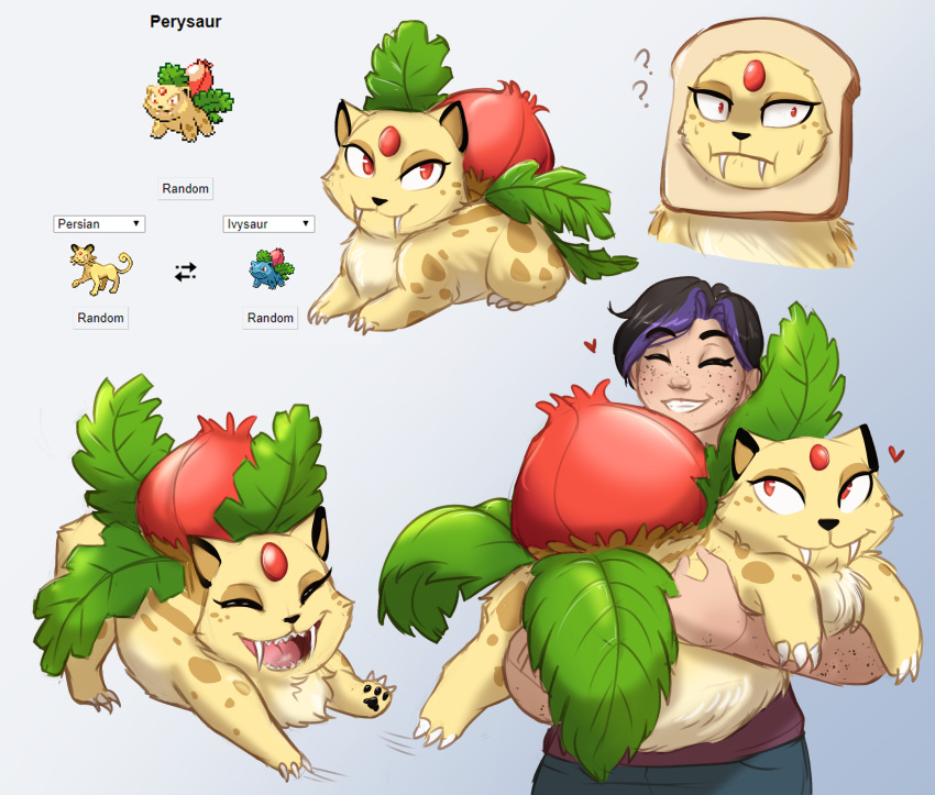 2019 absurd_res bread catnamedfish digital_media_(artwork) food fur hi_res human hybrid in_bread ivysaur mammal nintendo open_mouth persian_(pok&eacute;mon) pok&eacute;mon pok&eacute;mon_(species) standing teeth tongue video_games