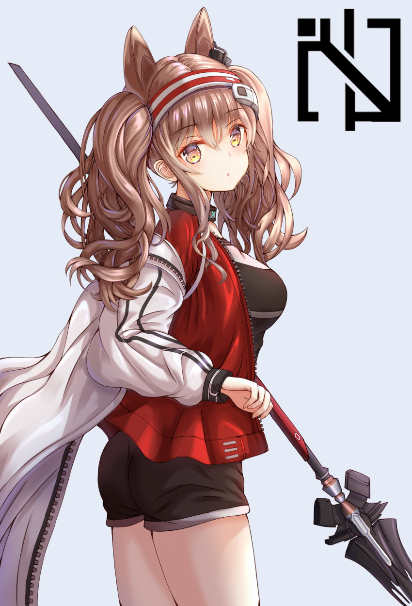 1girl absurdres angelina_(arknights) animal_ears arknights black_shorts blush breasts brown_eyes brown_hair casual choker eyebrows_visible_through_hair hairband highres holding holding_wand jacket jacket_on_shoulders long_sleeves looking_at_viewer open_mouth pants red_jacket revision rino_rea shirt shorts simple_background solo standing striped_jacket t-shirt twintails wand waving white_jacket zipper