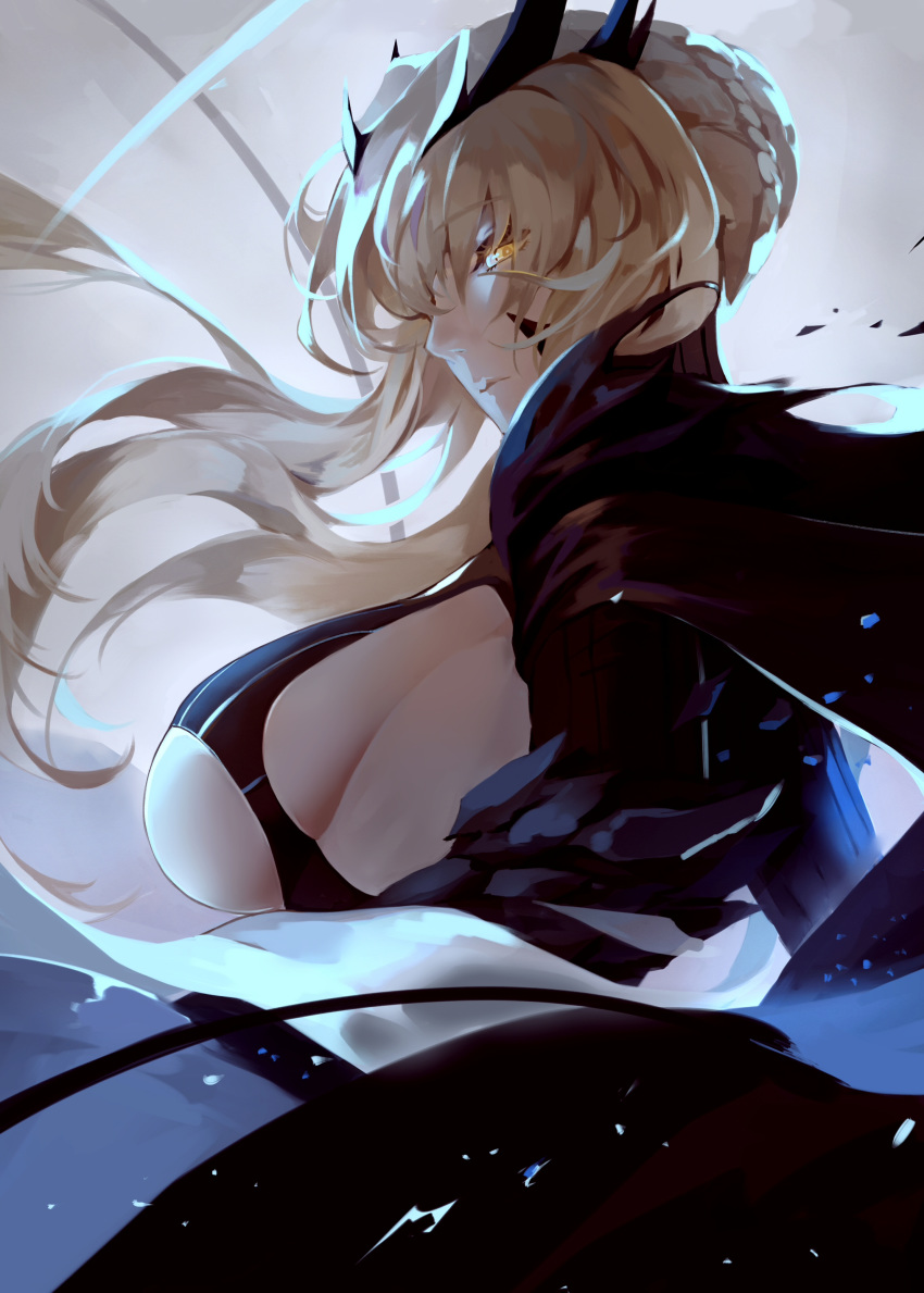 1girl absurdres artoria_pendragon_(all) artoria_pendragon_(lancer_alter) bangs blonde_hair braid breasts closed_mouth commentary_request covered_nipples eyebrows_visible_through_hair fate/grand_order fate_(series) from_side highres huge_breasts lips long_hair looking_back reroi revision sideboob solo underboob wind yellow_eyes