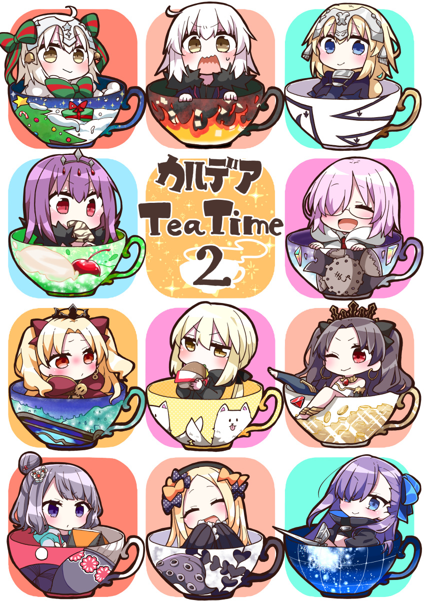 6+girls :d ;) ^_^ abigail_williams_(fate/grand_order) absurdres artoria_pendragon_(all) bangs black_dress black_hair black_jacket black_ribbon blonde_hair blue_bow blue_dress blue_jacket blue_legwear blush bow braid brown_eyes cape capelet chibi closed_eyes closed_mouth commentary_request cover cover_page cup dress eating ereshkigal_(fate/grand_order) eyebrows_visible_through_hair facing_viewer fate/extra fate/extra_ccc fate/grand_order fate_(series) food fur-trimmed_capelet fur-trimmed_jacket fur_trim green_bow green_ribbon grey_jacket hair_between_eyes hair_bow hair_over_one_eye hair_ribbon hamburger head_tilt headpiece highres holding holding_food hood hood_down hooded_jacket huge_filesize in_container in_cup ishtar_(fate/grand_order) jacket jako_(jakoo21) jeanne_d'arc_(alter)_(fate) jeanne_d'arc_(fate) jeanne_d'arc_(fate)_(all) jeanne_d'arc_alter_santa_lily katsushika_hokusai_(fate/grand_order) long_hair long_sleeves looking_at_viewer mash_kyrielight meltryllis multiple_girls necktie one_eye_closed open_clothes open_jacket open_mouth pink_hair puffy_sleeves purple_hair red_bow red_cape red_eyes red_neckwear ribbon saber_alter scathach_(fate)_(all) scathach_skadi_(fate/grand_order) single_braid single_thighhigh sleeves_past_fingers sleeves_past_wrists smile sparkle striped striped_bow striped_ribbon thighhighs tiara toeless_legwear two_side_up v-shaped_eyebrows wavy_mouth white_capelet white_hair wicked_dragon_witch_ver._shinjuku_1999