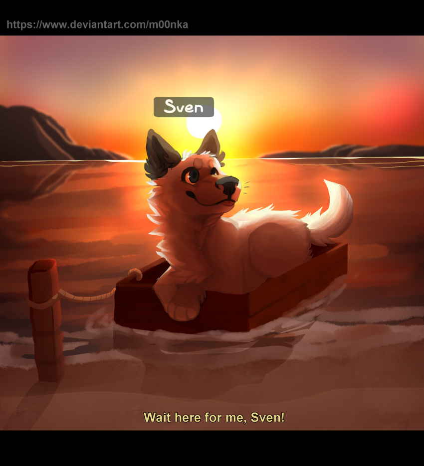 beach blue_eyes boat canid canine canis domestic_dog english_text fur hi_res m00nka mammal mountain outside pewdiepie rope seaside solo sunset sven_(pewdiepie) text tongue tongue_out vehicle water white_fur