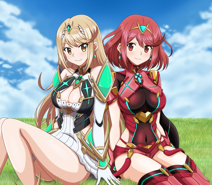 2girls armor bangs bare_shoulders blonde_hair blush breasts cleavage cleavage_cutout cloud cloudy_sky commentary covered_navel day dress dual_persona earrings elbow_gloves eyebrows_visible_through_hair fingerless_gloves gem gloves grass hair_ornament headpiece highres hikari_(xenoblade_2) homura_(xenoblade_2) jewelry kuro_hopper large_breasts long_hair looking_at_viewer multiple_girls pose red_eyes red_hair red_shorts short_hair short_shorts shorts shoulder_armor sky smile swept_bangs thighhighs tiara very_long_hair white_dress xenoblade_(series) xenoblade_2 yellow_eyes