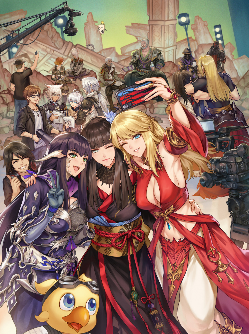 2others 6+boys 6+girls absurdres alisaie_leveilleur alpha_(ff14) animal_ears armor armpits asymmetrical_clothes au_ra bangs black_gloves black_hair black_legwear blonde_hair blue_eyes blunt_bangs bottle bowler_hat bracelet breasts brown_hair camera cat_ears cellphone cleavage cleavage_cutout conrad_kemp dark_skin detached_sleeves dragon_horns elezen elf eyebrows_visible_through_hair facial_mark facing_away facing_viewer final_fantasy final_fantasy_xiv fingerless_gloves flower fordola_rem_lupis full_armor glasses gloves gosetsu_everfall green_eyes hair_flower hair_ornament hat headphones headphones_around_neck helmet hien_(ffxiv) highres hip_armor holding holding_phone horns huge_filesize hyur indian_style japanese_clothes jewelry kimono lace_collar long_hair lyse_hext m'naago medium_breasts megaphone michael-christopher_koji_fox miqo'te mole mole_under_mouth moogle multiple_boys multiple_girls multiple_others namazu_(final_fantasy) obi off_shoulder one_eye_closed open_mouth parted_bangs pengnangehao phone photobomb pointing pointy_ears ponytail reaching_out real_life real_life_insert red_hair ruins sash scales script self_shot short_hair shoulder_armor silver_eyes silver_hair sitting smartphone smile soken_masayoshi soldier stage_lights swept_bangs taking_picture thancred_waters thighhighs v vambraces walkie-talkie whisker_markings white_hair y'shtola_rhul yoshida_naoki yotsuyu_(ff14) yugiri_mistwalker zenos_yae_galvus