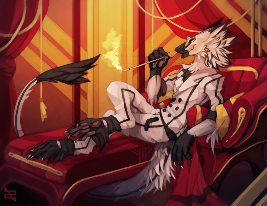 anthro barefoot black_fur chest_tuft cigarette_holder claws clothed clothing curtains digitigrade elbow_tufts foot_tuft formal_wear fully_clothed fur hindpaw inside lounging male pawpads paws sergal smile smoking sofa solo tail_tuft toe_claws tuft white_eyes white_fur zephra