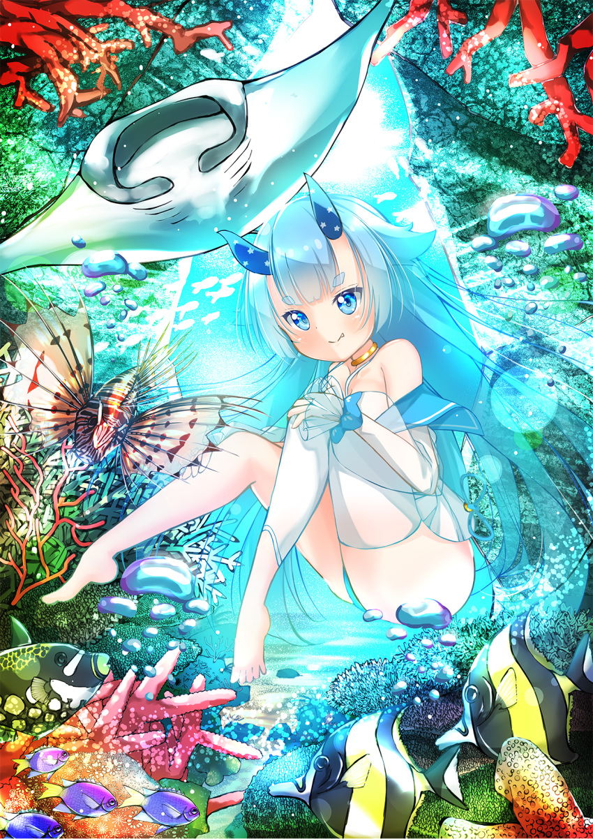 1girl air_bubble asymmetrical_legwear azur_lane bangs bare_shoulders barefoot blue_eyes blue_hair bubble choker closed_mouth coral coral_reef eyebrows_visible_through_hair fang feet fish gold_choker highres horns i-13_(kantai_collection) kaoru-coro long_hair looking_at_viewer manta_ray one-piece_swimsuit see-through_sleeves single_thighhigh smile solo swimsuit thick_eyebrows thighhighs tropical_fish underwater very_long_hair white_legwear