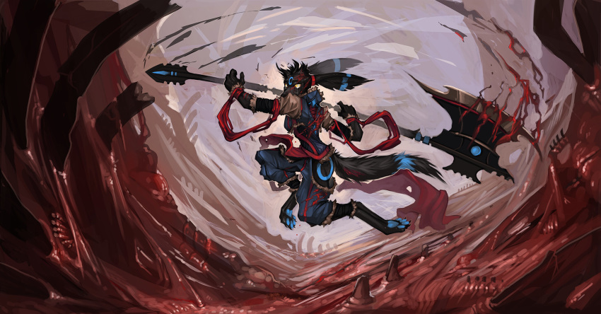 anthro axe blood blue_pawpads bodily_fluids breasts clothed clothing crying detailed_background digitigrade eeveelution female fully_clothed giant_weapon gore hi_res melee_weapon midair nintendo pawpads pok&eacute;mon pok&eacute;mon_(species) red_sclera slit_pupils solo tears umbreon video_games weapon womb_level yellow_eyes zephra