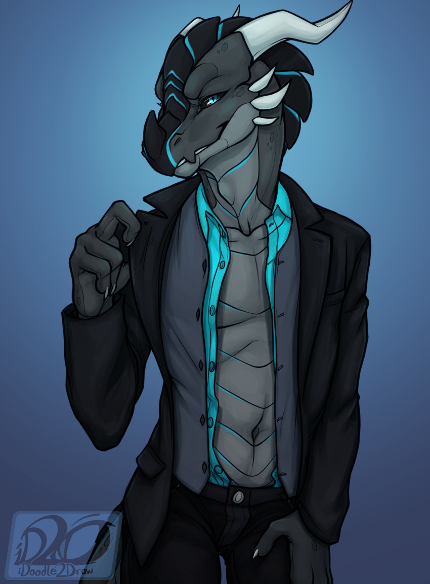 2019 4_fingers anthro bedroom_eyes black_scales black_sclera blue_background blue_eyes blue_scales bottomwear button-up claws clothed clothing countershade_tail countershade_torso countershading dragon fingers front_view gradient_background grey_countershading grey_scales half-closed_eyes hand_on_leg hi_res horn idoodle2draw inviting jeans looking_at_viewer male manly overshirt pants portrait pose scales scalie seductive sharp_teeth shirt signature simple_background smile smirk solo spikes standing suit teasing teeth topwear vest xero