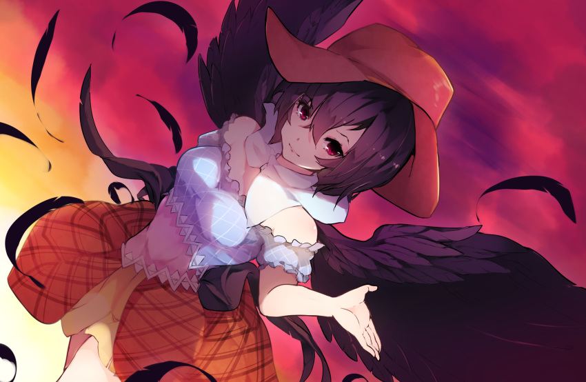 1girl bangs bare_shoulders black_hair black_wings blue_shirt chiroru_(cheese-roll) commentary_request cowboy_hat cowboy_shot crop_top detached_collar dutch_angle eyebrows_visible_through_hair feathered_wings feathers hair_between_eyes hand_up hat highres kurokoma_saki looking_at_viewer midriff miniskirt off-shoulder_shirt off_shoulder orange_skirt outdoors plaid plaid_skirt red_eyes red_headwear shirt short_hair short_sleeves skirt smile solo stomach sunset touhou wings