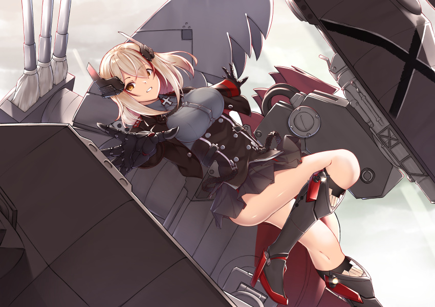 1girl absurdres armband azur_lane bangs black_jacket black_skirt blonde_hair boots breasts buttons commentary double-breasted dutch_angle eyebrows_visible_through_hair grin hair_between_eyes headgear highres iron_cross jacket kimidori3_karla large_breasts long_sleeves looking_at_viewer mechanical_hands metal_boots multicolored_hair pleated_skirt rigging roon_(azur_lane) short_hair sidelocks skirt smile standing standing_on_one_leg streaked_hair teeth thighs