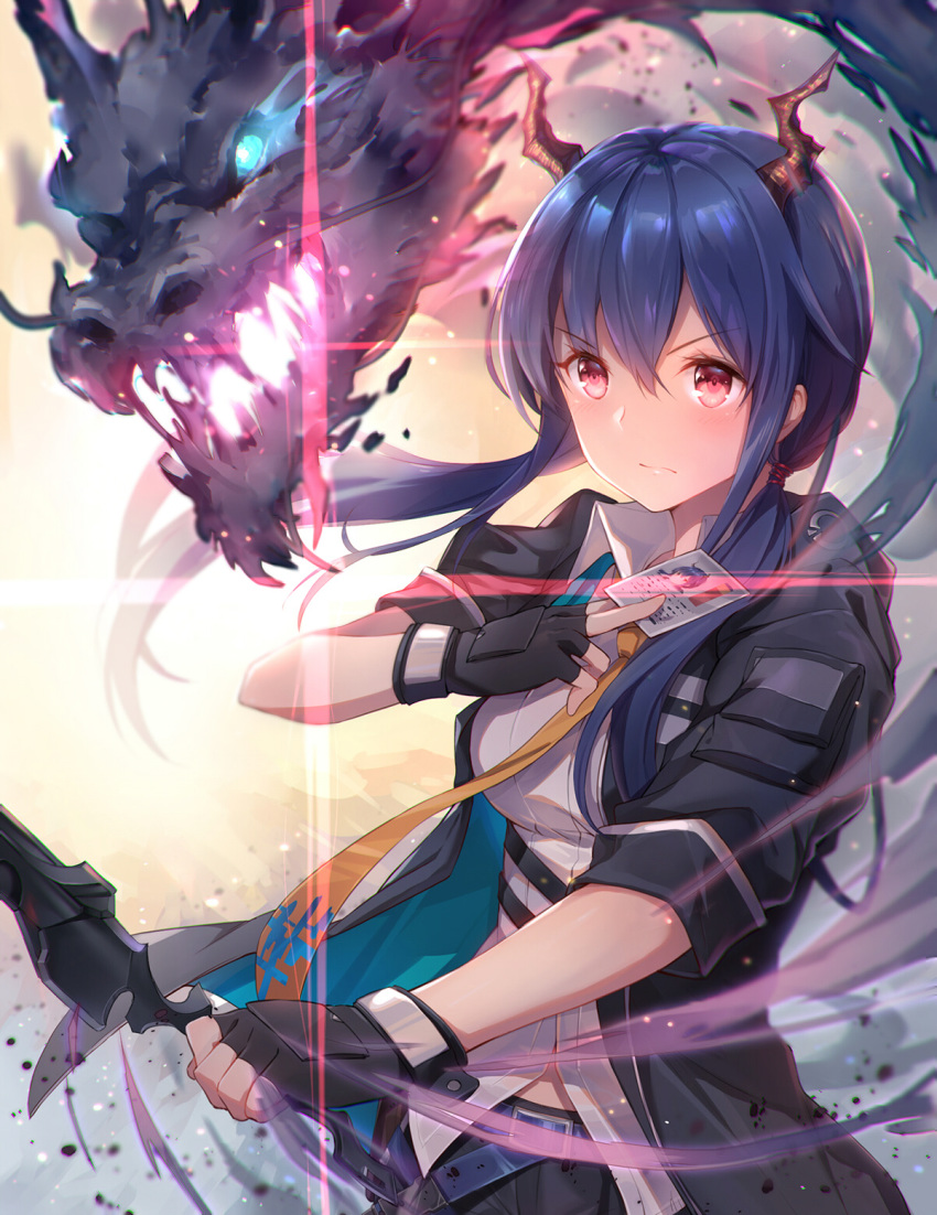 1girl arknights bangs belt black_shorts blue_belt blue_hair blurry breasts ch'en_(arknights) closed_mouth collared_shirt commentary_request depth_of_field dragon dragon_girl dragon_horns dragon_tail elite_ii_(arknights) eyebrows_visible_through_hair fingerless_gloves floating_hair glint gloves hair_between_eyes highres horns jacket long_hair looking_at_viewer medium_breasts multicolored_neckwear necktie ponytail red_eyes serious shirt shorts sidelocks sleeveless sleeveless_shirt solo standing sword tail taro_(ultrataro) uniform weapon white_shirt