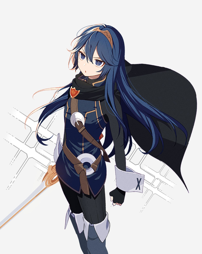 1girl belt black_cape blue_eyes blue_footwear blue_hair bodysuit boots buckle cape cape_billowing commentary falchion_(fire_emblem) fingerless_gloves fire_emblem fire_emblem_awakening gloves gold_trim grey_background hair_between_eyes hair_spread_out highres holding holding_sword holding_weapon lens_flare long_hair looking_at_viewer lucina_(fire_emblem) open_mouth ryon_(ryonhei) simple_background sleeve_cuffs solo sword symbol-shaped_pupils thigh_boots thighhighs tiara turtleneck v-shaped_eyebrows weapon