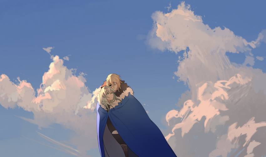 1boy 1girl armor blonde_hair blue_cape blue_eyes blue_sky byleth_(fire_emblem)_(female) cape chocolate_(jitong) closed_eyes day dimitri_alexandre_bladud eyepatch fire_emblem fire_emblem:_three_houses gloves highres long_hair outdoors shared_coat sky standing