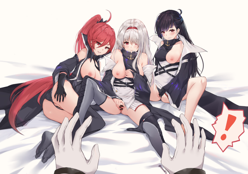 ! 3girls anchor_symbol areolae azur_lane bangs bare_shoulders belt belt_buckle black_gloves black_hair blush boots breasts breasts_outside buckle coat colorado_(azur_lane) cross-laced_footwear detached_sleeves dress envyvanity eyebrows_visible_through_hair gloves hair_over_one_eye hairband half_updo high_heel_boots high_heels jacket large_breasts long_hair long_sleeves looking_at_viewer maryland_(azur_lane) mole mole_under_eye multiple_girls nipples off_shoulder ponytail pov red_eyes red_hair shirt silver_hair sleeveless sleeveless_dress sleeveless_shirt spoken_exclamation_mark thigh_boots thighhighs very_long_hair west_virginia_(azur_lane) white_hair wide_sleeves
