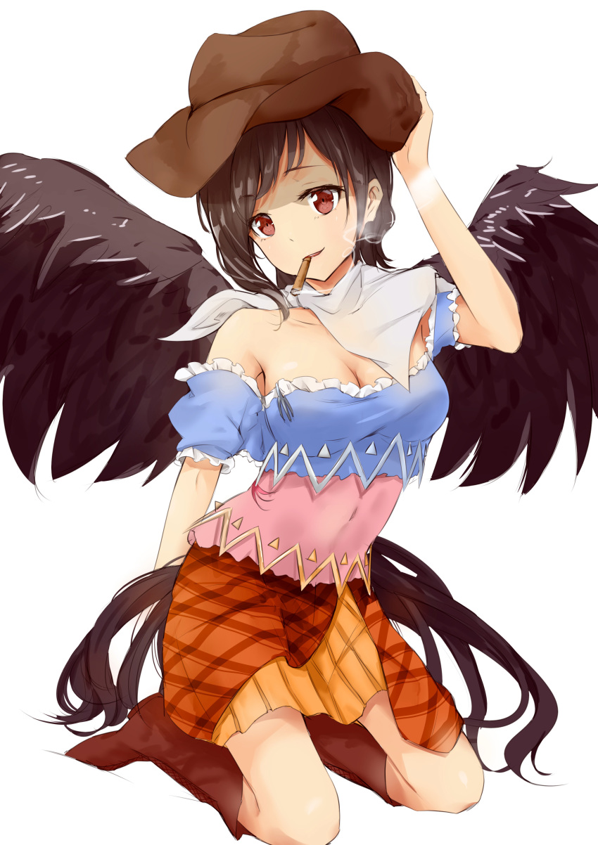 1girl absurdres bangs bare_shoulders black_hair black_wings blue_shirt boots breasts brown_eyes brown_footwear brown_headwear capelet cigarette cleavage collarbone commentary_request cowboy_hat eyebrows_visible_through_hair feathered_wings frills hat head_tilt highres kaoshuzi kneeling kurokoma_saki looking_at_viewer medium_breasts miniskirt mouth_hold off-shoulder_shirt off_shoulder orange_skirt parted_lips plaid plaid_skirt puffy_short_sleeves puffy_sleeves shirt short_hair short_sleeves simple_background skirt smile smoke solo tail_feathers touhou white_background white_capelet wings