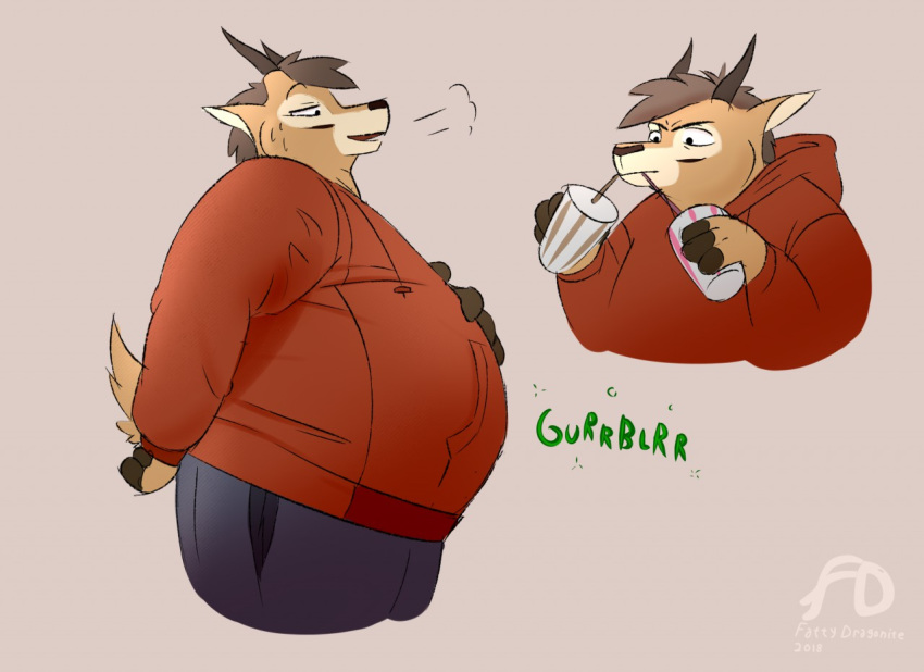 antelope anthro belly beverage big_belly bodily_fluids bovid breath brown_fur clothed clothing drinking fattydragonite fur hand_on_stomach holding_beverage holding_object hoodie horn huff hungry male mammal open_mouth overweight overweight_male solo sweat sweatdrop topwear