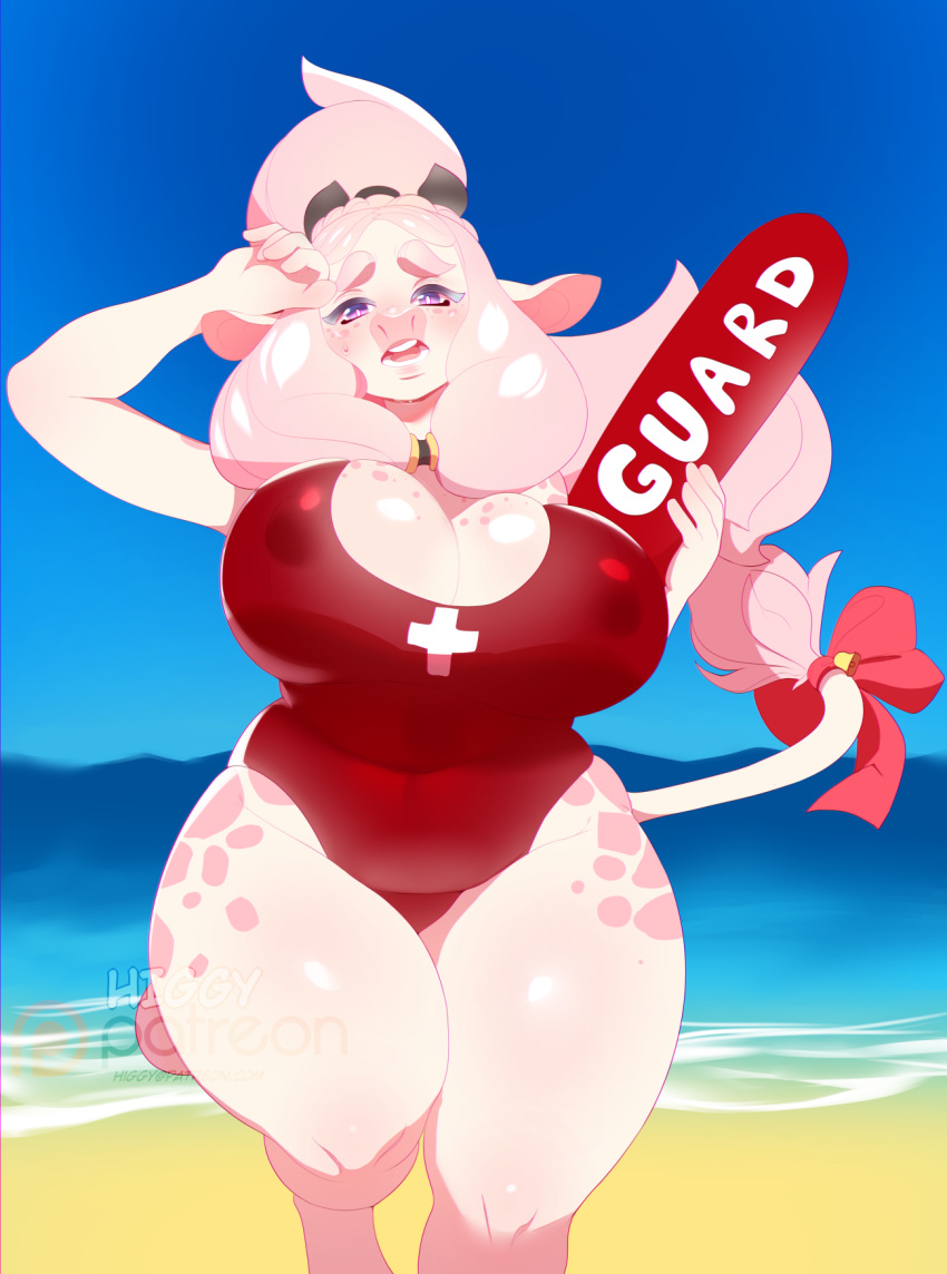 anthro beach big_breasts bovid bovine breasts cattle clothing curvaceous female hi_res higgyy lifeguard mammal nipple_outline open_mouth outside seaside slightly_chubby solo swimwear thick_thighs wide_hips