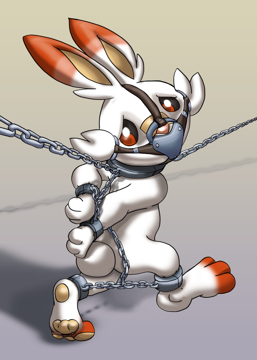 absurd_res bdsm bondage bound captured caught chain chained digital_drawing_(artwork) digital_media_(artwork) feet gag gagged hi_res muzzle_(disambiguation) muzzle_(object) muzzled nintendo paws pok&eacute;mon pok&eacute;mon_(species) raptorroper scorbunny shackles solo video_games