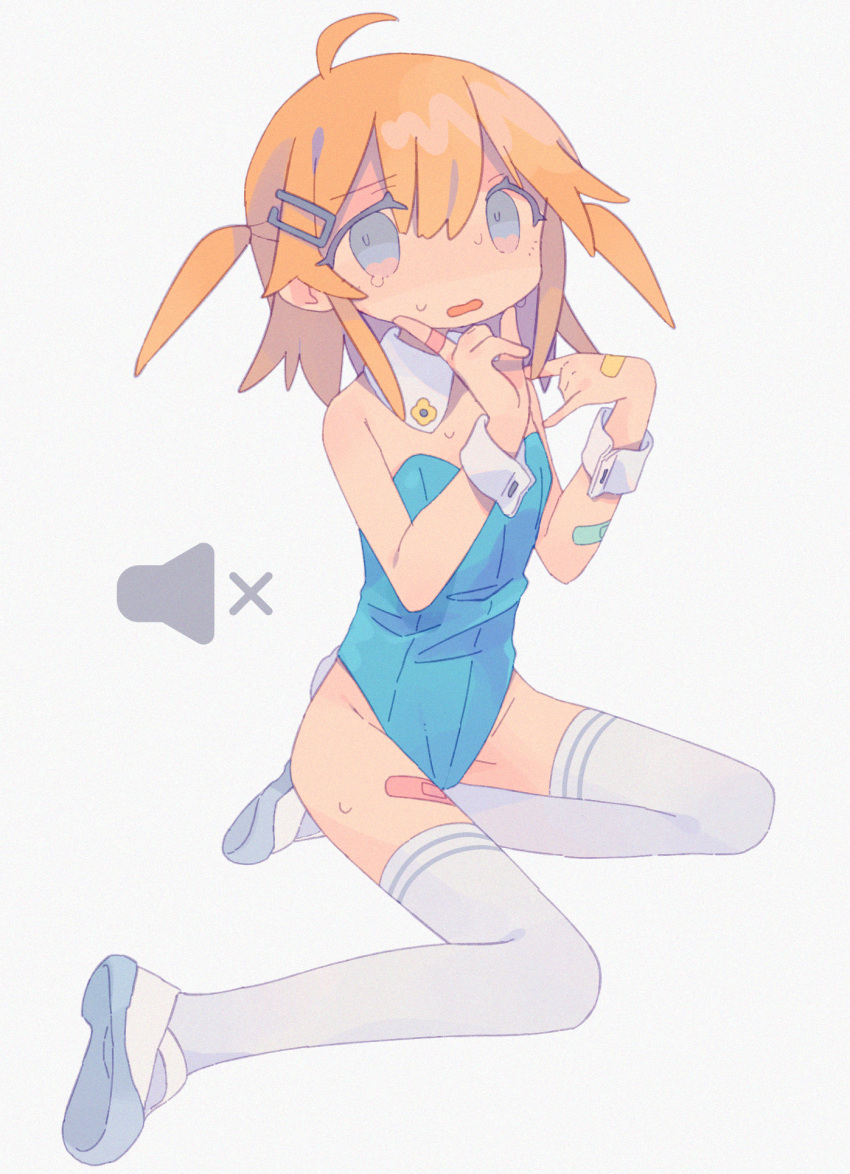1girl \m/ ahoge bandaid bandaid_on_arm bandaid_on_finger bandaid_on_hand bangs bare_arms blonde_hair blue_eyes blue_leotard bunny_tail bunnysuit d: daizu_(melon-lemon) detached_collar eyebrows_visible_through_hair from_side full_body furrowed_eyebrows gradient_eyes grey_background groin hair_between_eyes hair_ornament hairpin hands_up highres index_finger_raised leotard looking_at_viewer multicolored multicolored_eyes muted_color nervous no_nose open_mouth original parted_lips shoe_soles shoes short_hair simple_background sitting solo strapless strapless_leotard sweat tail tareme tears thighhighs two_side_up uwabaki volume_symbol white_footwear white_legwear wrist_cuffs yokozuwari