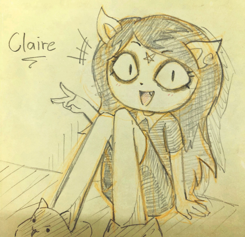 2019 anthro black_hair cartoon_hangover claire_(the_summoning) clothing domestic_cat eyeshadow fangs felid feline felis female fur gesture hair hi_res jessie-katcat_(artist) looking_at_viewer makeup mammal open_mouth simple_background sitting slippers smile solo the_summoning traditional_media_(artwork)