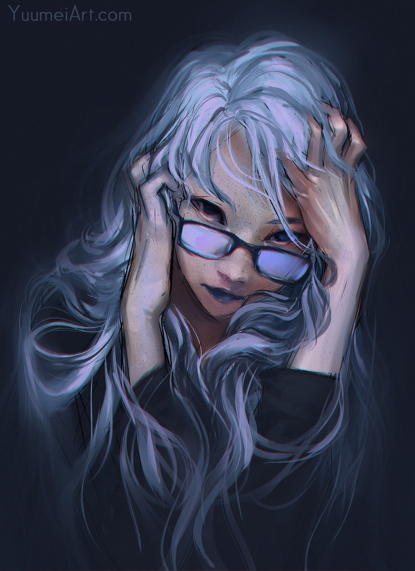 1girl bangs blue_eyes blue_lipstick english_commentary freckles glasses grey_background highres lipstick long_hair looking_at_viewer makeup original sketch solo upper_body watermark web_address wenqing_yan white_hair