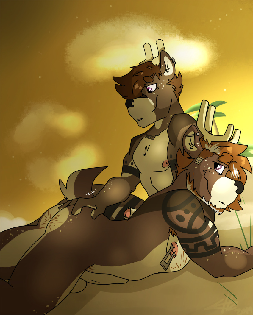 2019 absurd_res anthro anthro_on_anthro antlers armpit_hair balls beach butt casual_nudity cervid cloud detailed_background digital_media_(artwork) duo ear_piercing facial_hair father father_and_son fingering fingers fondling foreplay grope hair hi_res horn humanoid_penis incest kamos_(sylvanedadeer) male male/male male_penetrating mammal muscular muscular_male nipple_piercing nipples nude nude_beach outside parent penetration penis piercing sand seaside sex sky smile son sunset sylvane sylvanedadeer tattoo