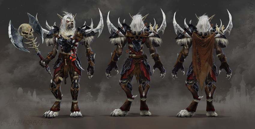 2019 4_toes 5_fingers alaiaorax armor blizzard_entertainment canid canine digital_media_(artwork) fingers hair hi_res holding_object holding_weapon male mammal red_eyes simple_background solo standing teeth toes video_games warcraft weapon were werecanid werecanine white_hair worgen