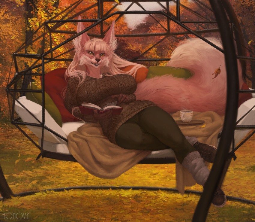 absurd_res anthro autumn big_breasts big_tail book breasts canid canine clothed clothing cup detailed_background digital_media_(artwork) female footwear fox fur hair hi_res holding_object honovy huge_breasts looking_at_viewer loyse lying mammal outside pillow pink_fur solo tea_cup voluptuous