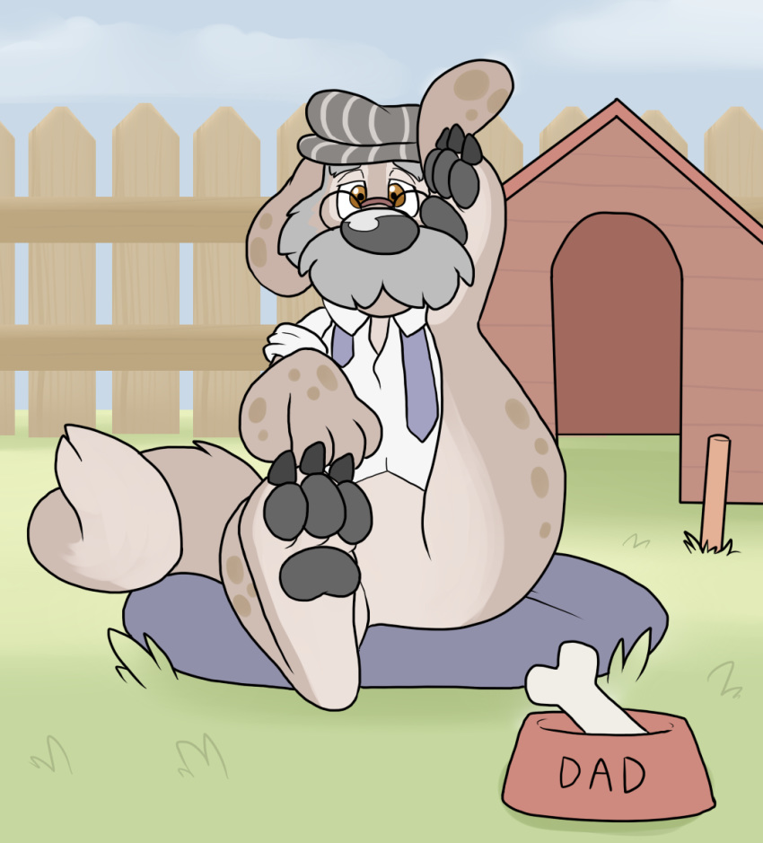 2018 3_toes black_nose blueballs bone brown_eyes brown_spots canid canine canis claws clothing digital_media_(artwork) doghouse domestic_dog dress_shirt english_text eyewear facial_hair father fence feral food_dish fur glasses grass grey_hair hair hat headgear headwear looking_at_viewer male mammal mature_male mustache necktie one_leg_up outside parent pawpads paws post_transformation raised_leg shirt sitting solo spots tan_fur text toe_claws toes toony topwear