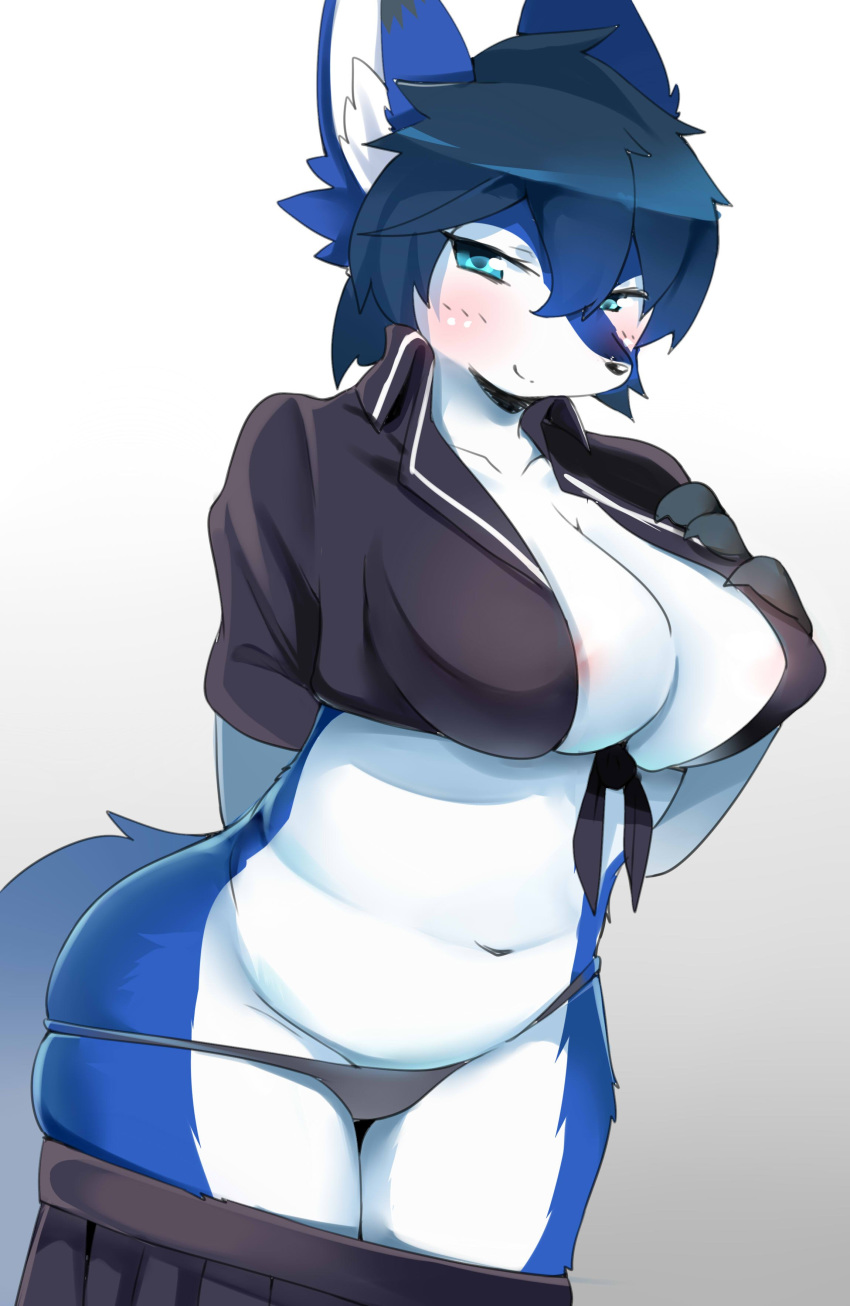 2019 absurd_res anthro black_hair black_nose blue_eyes blue_fur blush bottomwear breasts canid canine canis clothing faeki female fur hair hi_res mammal navel nipples panties portrait saki_(garasaki) shirt short_hair simple_background skirt skirt_down smile solo tied_shirt topwear underwear undressing voluptuous white_background white_fur wolf