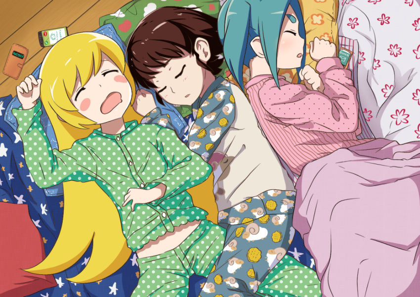 alternate_costume bed blush_stickers cellphone cuddling futon hachikuji_mayoi monogatari_(series) ononoki_yotsugi open_mouth oshino_shinobu pajamas phone polka_dot print_shirt sheep_print shirt sleeping sleeping_on_person snoring