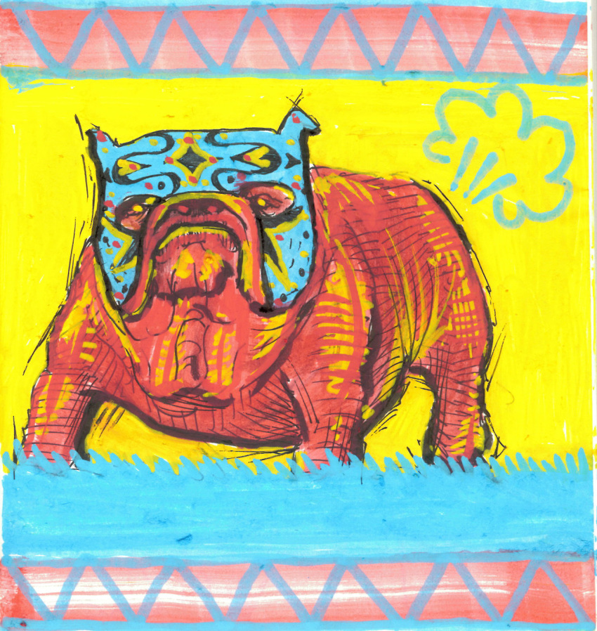 ambiguous_gender bulldog canid canine canis domestic_dog fart feral hi_res lundsfryd mammal mask mastiff molosser quadruped red_nose red_skin solo sports_mask sportswear traditional_media_(artwork) wrestling_mask yellow_eyes yellow_teeth