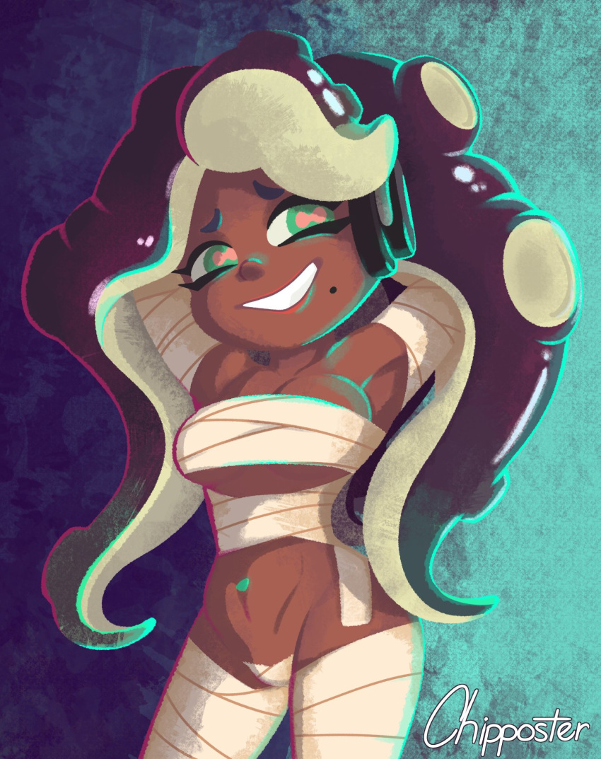 areolae arms_behind_head artist_name bandage bandages belly breasts chipposter cleavage dark-skinned_female dark_skin dark_skinned_female digital_media_(artwork) eyebrows eyelashes female female_focus female_only hair halloween halloween_costume headphones highres iida_(splatoon) lighting looking_at_viewer marina_(splatoon) mole mole_under_mouth mummy mummy_costume navel nintendo pk64d smile solo solo_focus splatoon splatoon_(series) splatoon_2 teeth tentacle_hair underboob